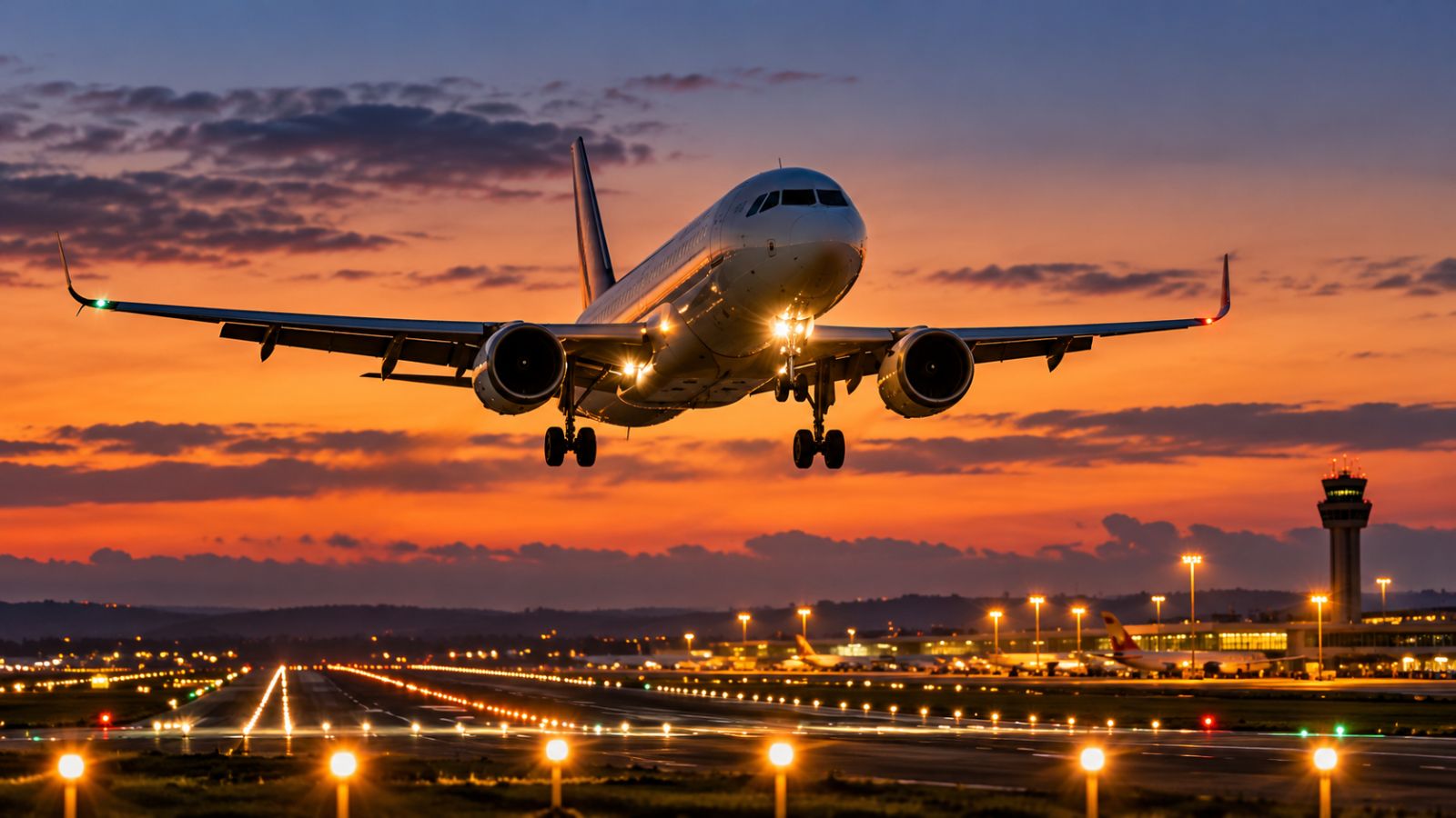 Avion de ligne en approche au crépuscule au-dessus d’une piste balisée